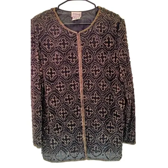 Vintage Stenay Black & Gold Silk Beaded Blazer Jacket | Women's Size Large Glam - Picture 1 of 9